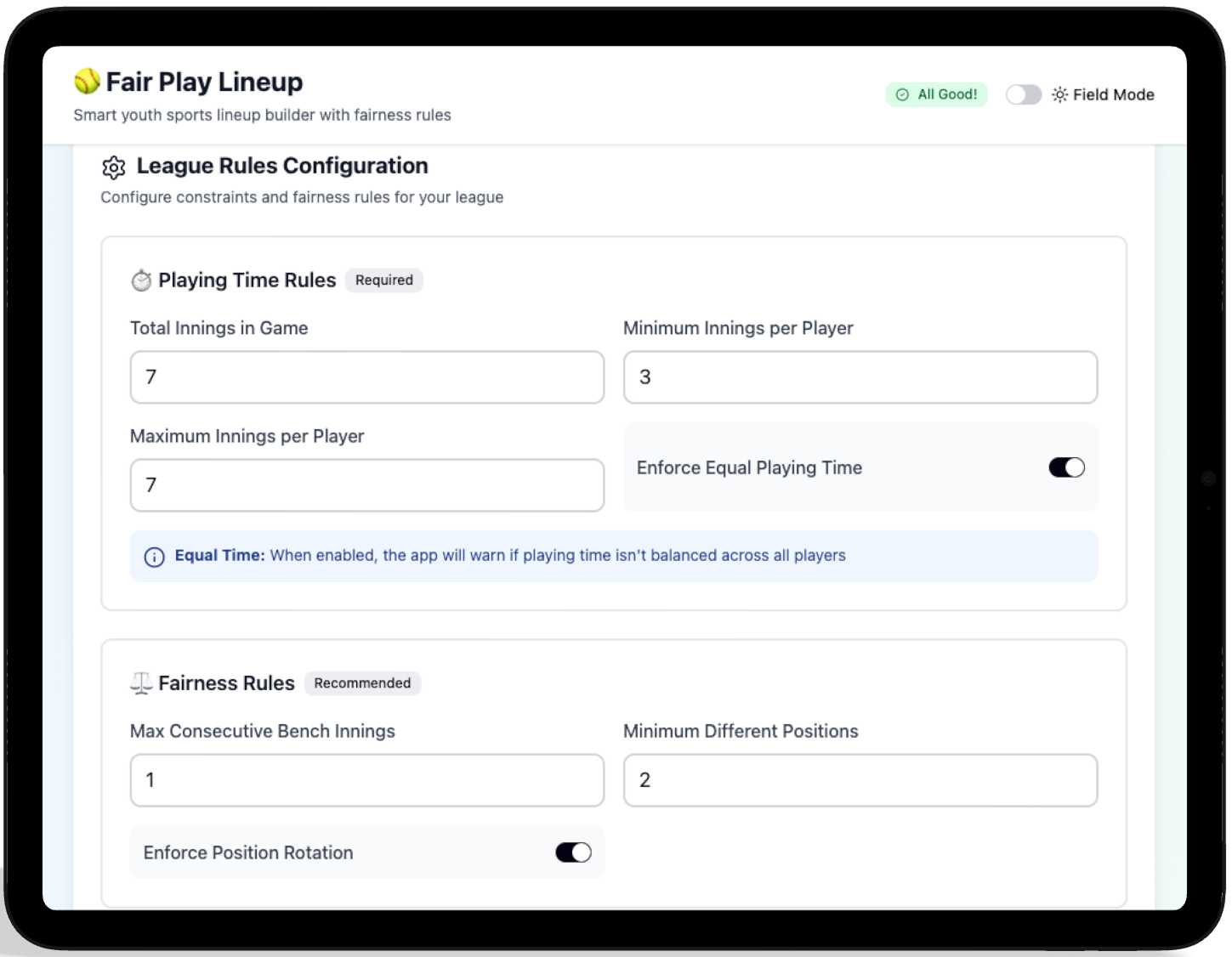 Playing Time & Fairness Rules